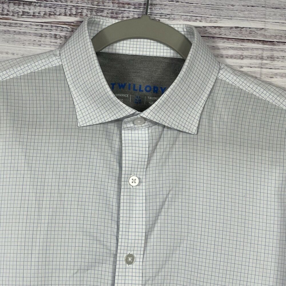 Twillory Performance Dress Shirt Mens 16.5 -34/35 Blue/White Plaid Trim Fit